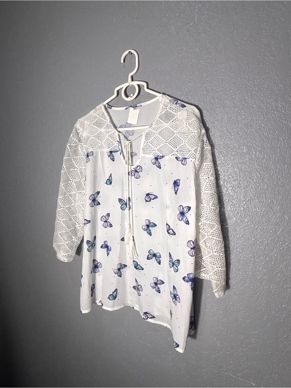 White Butterfly Print Crochet-Sleeve Peasant Top